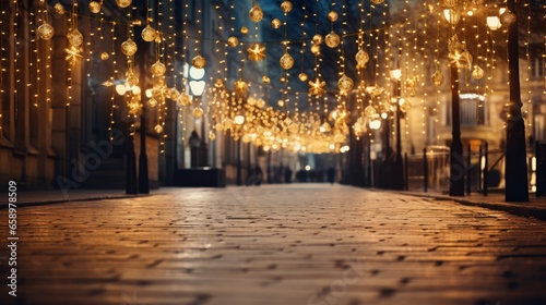 Festive golden illumination on an evening city street. Warm garland in a town. AI generated © tiena