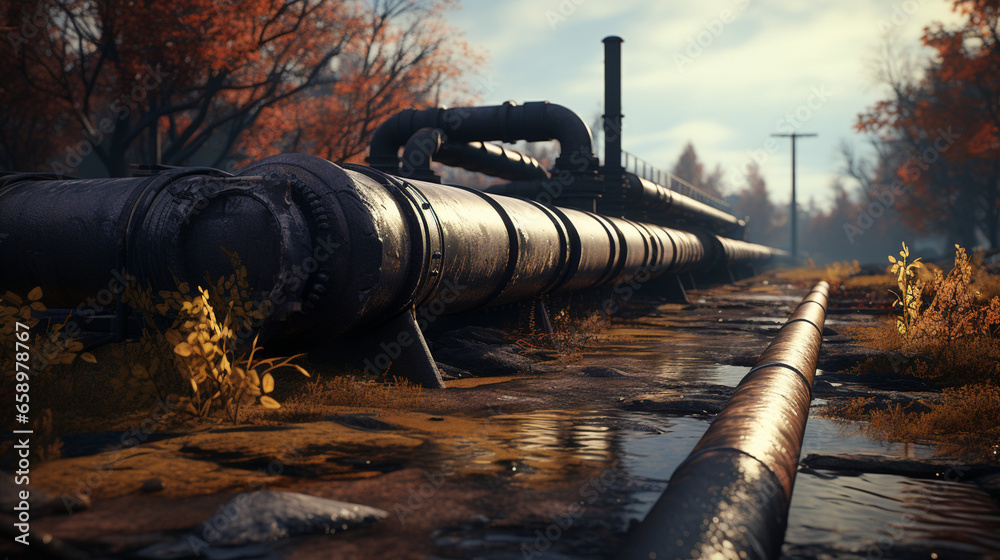 Abandoned gas pipeline in the autumn forest. 3d rendering Abandoned gas pipeline in the autumn forest. 3d rendering
