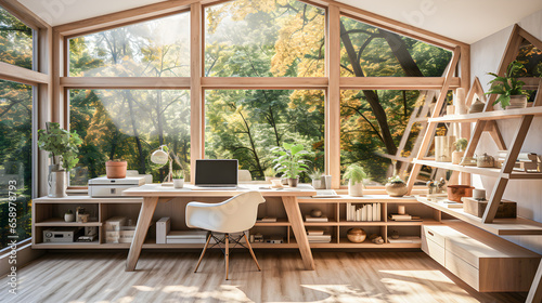 Ecological and sustainable home office  office or workspace. Minimalist  modern and productive workspace. Window with a forest in the background.