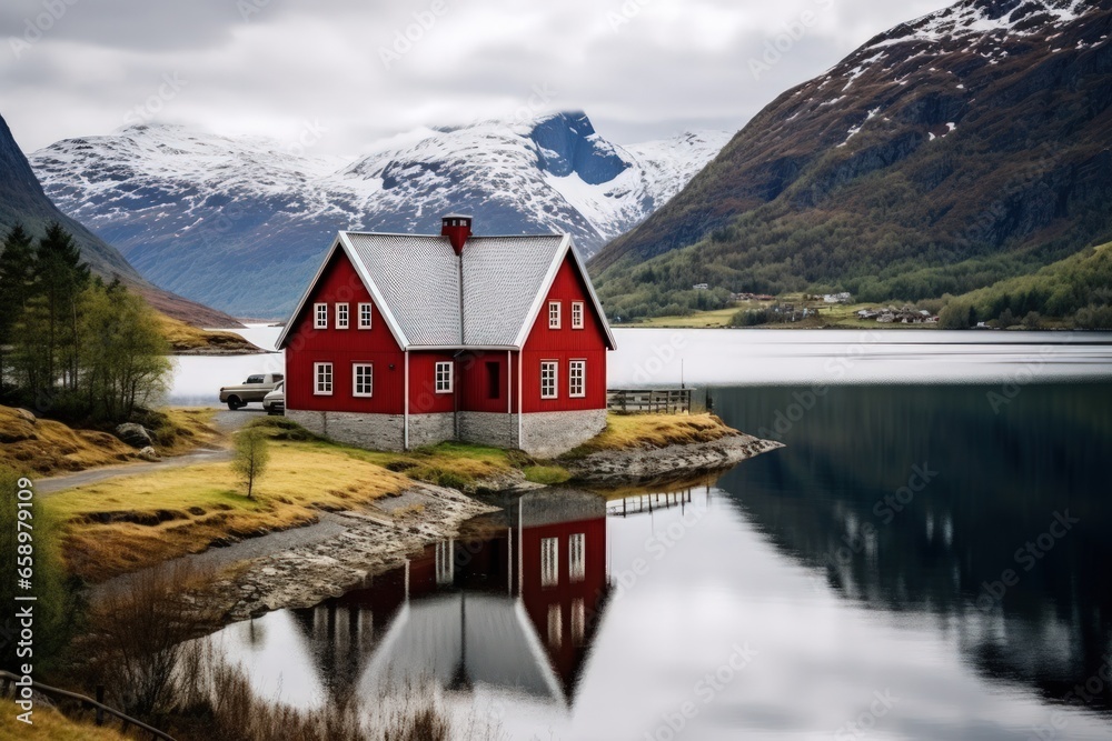 Fototapeta premium A small wooden house in a coniferous forest on the shore of a lake. A place for privacy and escape from the bustle of the city. House in a national park on the shore of a picturesque lake.