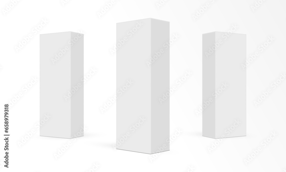 Tall Paper Rectangular Packaging Boxes Mockups Isolated On White Background. Vector Illustration