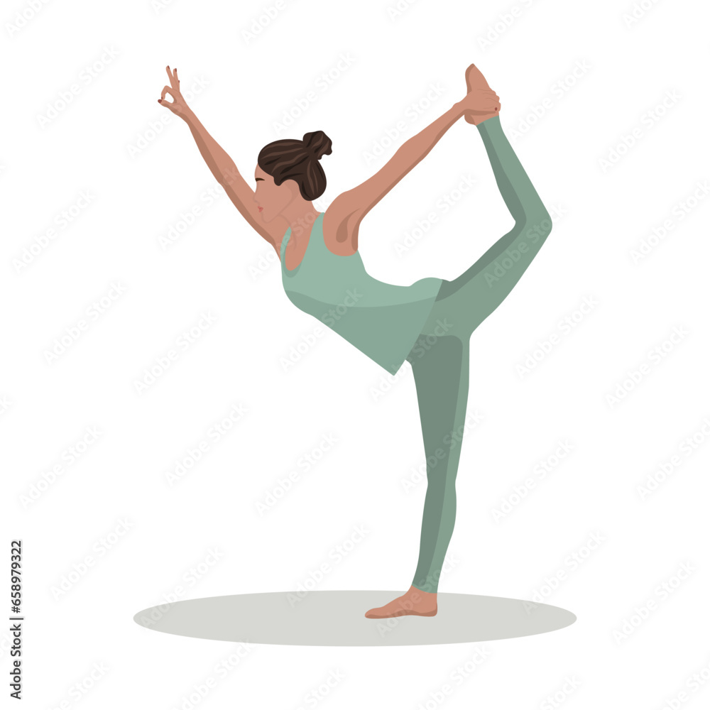 Girl In Green Sports Uniform In Yoga Pose, Isolated On White Background. Flat Vector Illustration