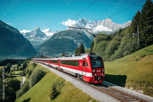 Suburban passenger train. A locomotive pulls a passenger train along a winding road among the summer forest and mountains. Picturesque scenery and train travel.