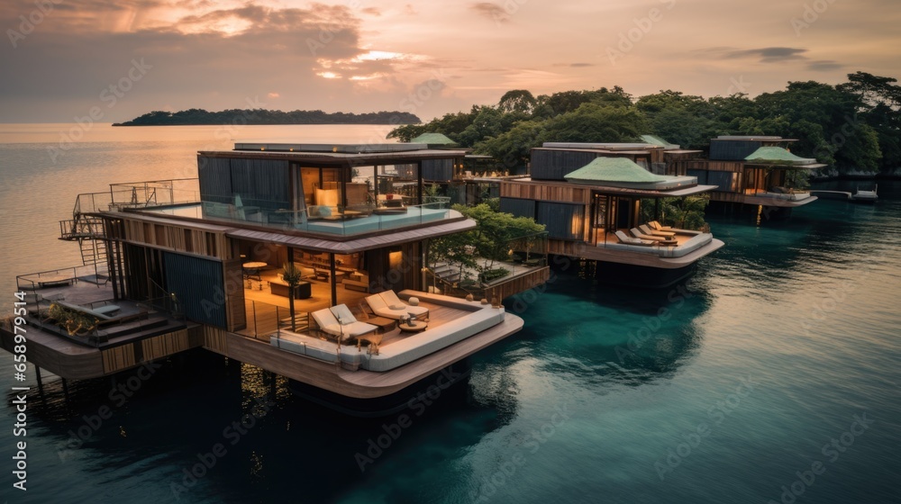 A group of floating houses on a body of water