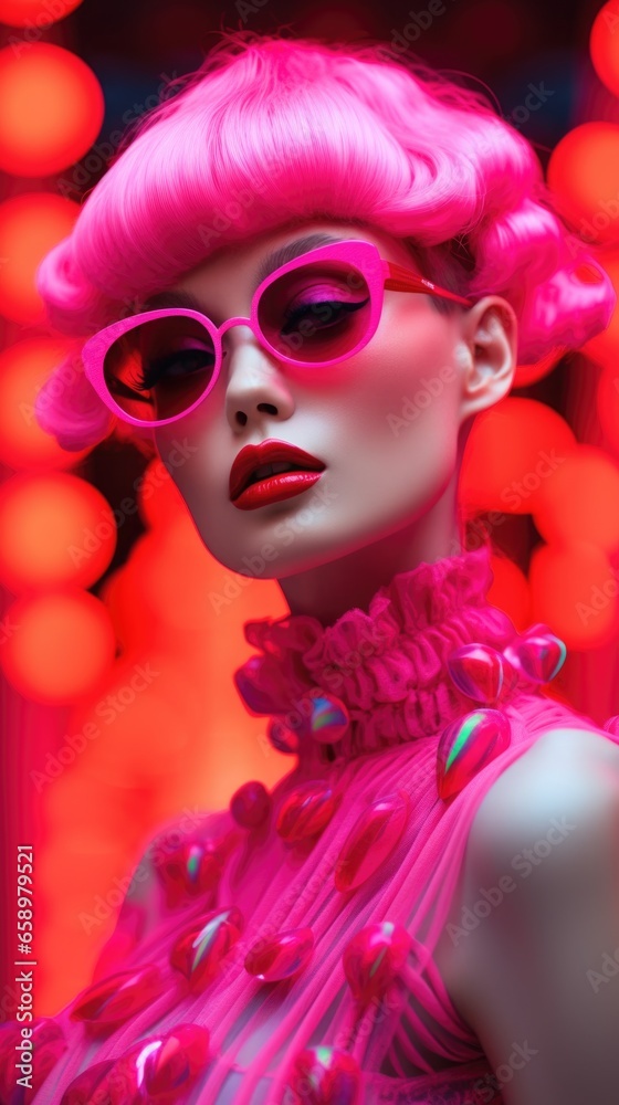 A woman with pink hair wearing sunglasses and a pink dress
