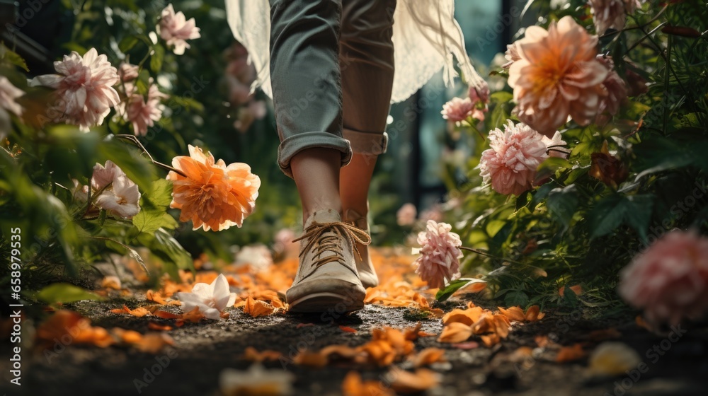 A person walking through a field of flowers