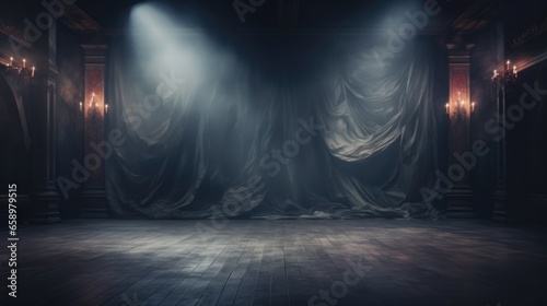 An empty stage with a curtain and lights