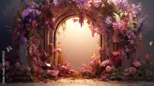 A doorway with flowers and butterflies surrounding it