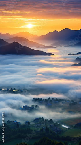 During the sunrise or sunset, the beautiful scenery on the mountains
