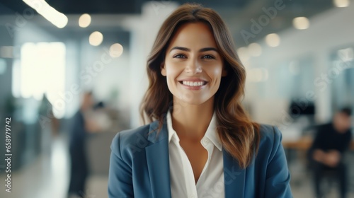 Businesswoman standing in office. Portrait of a confident businesswoman. Happy relaxed confident young businesswoman looking at the camera with a warm friendly smile