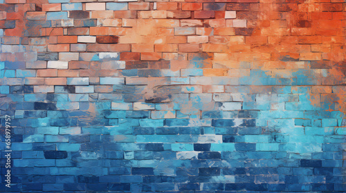 Brick wall is painted orange and blue with grungy