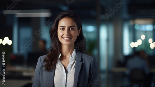 Businesswoman standing in office. Portrait of a confident businesswoman. Happy relaxed confident young businesswoman looking at the camera with a warm friendly smile