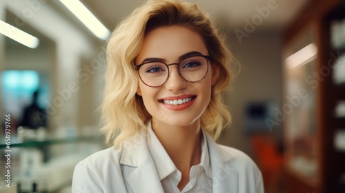 Young woman pharmacist smiling confident standing at pharmacy