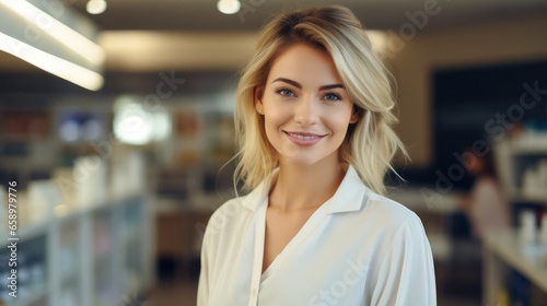 close up portrait of smiling beautiful millennial businesswoman or CEO looking at camera, happy female boss posing making, confident successful woman at work.