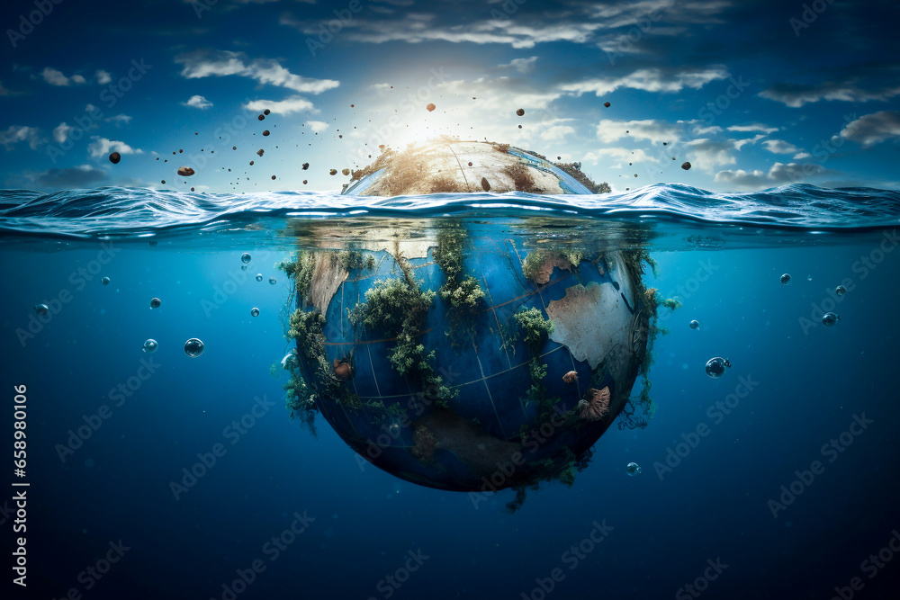 Global warming and climate change concept. World Water Day. Planet earth, flood. Catastrophe and disaster. Impact of environmental degradation. Pollution and destruction of ecosystems. AI generative.  - obrazy, fototapety, plakaty 