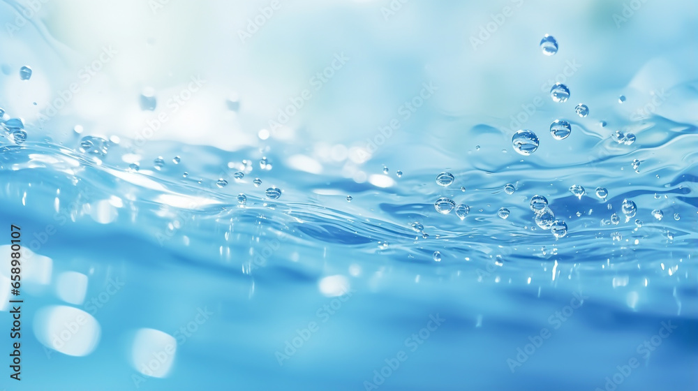 Blue fresh clean water surface with bubbles, droplets, blurred background. Trendy summer backdrop for product advertising. World water day. Raise awareness for worldwide problems concerning water. Blue fresh clean water surface with bubbles, droplets, blurred background. Trendy summer backdrop for product advertising. World water day. Raise awareness for worldwide problems concerning water.