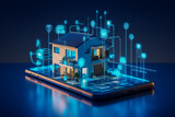 Smart home. Mobile device with modern house. Symbolize  complex wireless technology. IOT, internet of things, concept. Interconnected smart appliances. AI generative illustration.