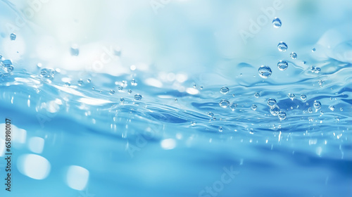 Blue fresh clean water surface with bubbles  droplets  blurred background. Trendy summer backdrop for product advertising. World water day. Raise awareness for worldwide problems concerning water.