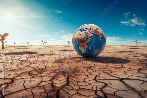 Global warming and climate change concept. Overheated dry planet earth, drought and catastrophe, disaster Impact of environmental degradation. Pollution and destruction of ecosystems. AI generative. 