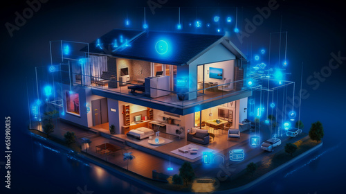 Smart home. Futuristic modern house with complex technology. IOT, internet of things, concept. Interconnected smart appliances. AI generative illustration.