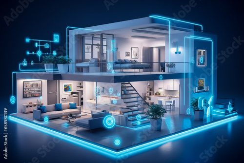Smart home. Futuristic modern house with complex technology. IOT, internet of things, concept. Interconnected smart appliances. AI generative illustration. photo
