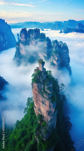 The peak miracle of the cliff in the fog in nature; the screen of the mobile phone or computer wallpaper