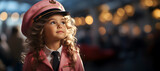 A cute girl wearing a pink stewardess uniform and a hat. Walking with a happy smile in the airport. Flight attendant. Children's dream job. Evening blurred bokeh background.