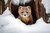 A curious marten exploring a snowy hollow log. Winter wildlife photo