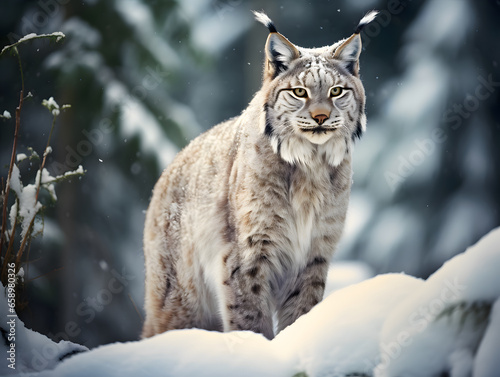 A curious lynx observing its surroundings in a winter forest. Photo of wild life