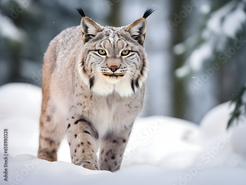 A bobcat stalking prey in a snowy forest. Bokeh woods background. Wildlife photography