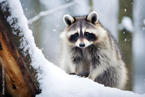 A curious raccoon explores a snow-covered tree stump. A blurry forest in the background. Wildlife photo