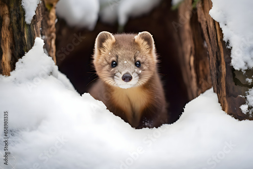 A curious marten exploring a snowy hollow log. Winter wildlife photo photo