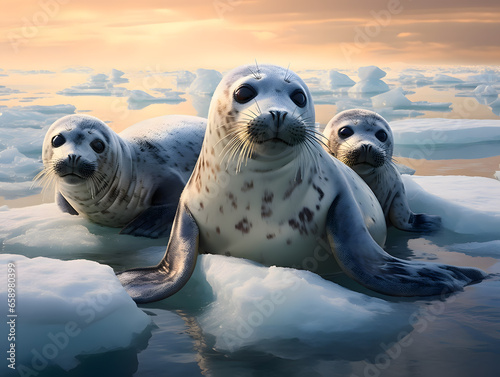 A group of cute seals sitting on an Arctic ice floe. Winter wildlife photo