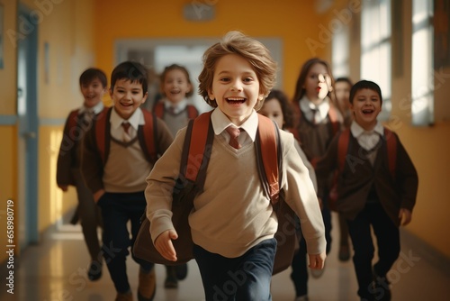 Happy children run along the corridors of the school. AI generative