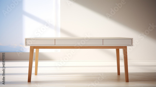 A white table with a wooden top, two drawers on either side and four legs