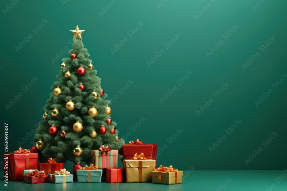Christmas tree with gift boxes in the green or tiffany blue background with empty space. Christmas tree with gift boxes in the green or tiffany blue background with empty space.