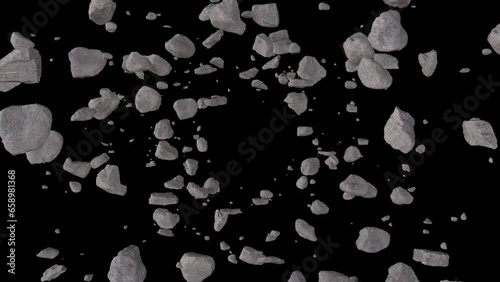 meteorite debris rock move pass the camera with alpha channel. 4k animation rendered.