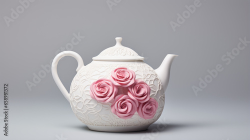 A white teapot with a pink rose pattern