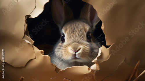 Little rabbit looks through a hole in paper photo