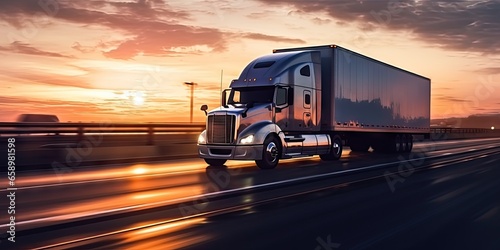 Speeding through sunset. Freight truck on highway. Cargo in motion. Journey into sunset. Highway logistics. Fast and heavy freight transportation