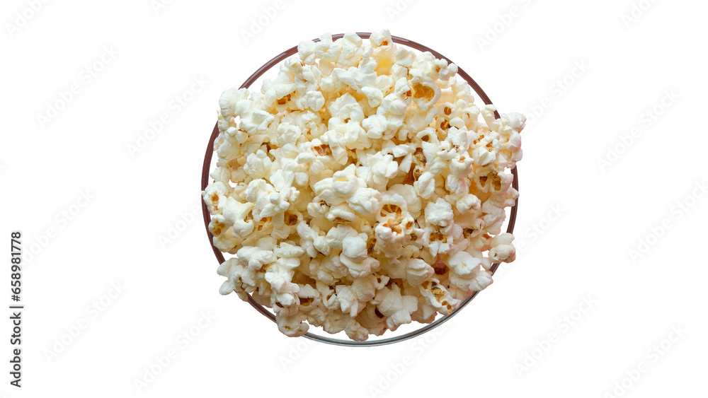 A glass transparent bowl full of popcorn on a transparent background A glass transparent bowl full of popcorn on a transparent background