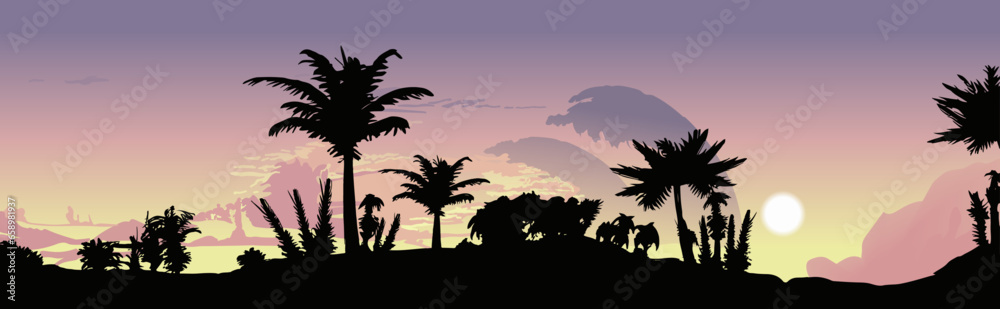 Silhouette of a realistic tropical landscape. Sunset landscape in the tropics. Vector illustration 2023