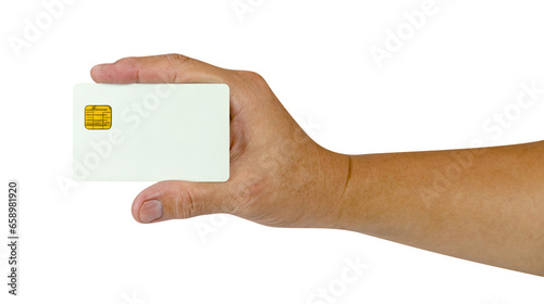 Hand holding blank white credit card isolated. Plastic debit-card