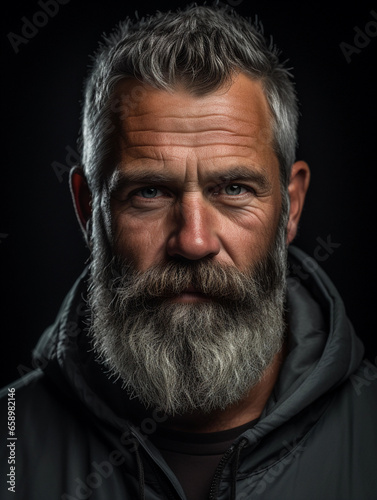 a man with a Balbo beard, grey and black hues. Studio lighting for dramatic effect, black background for a classic look