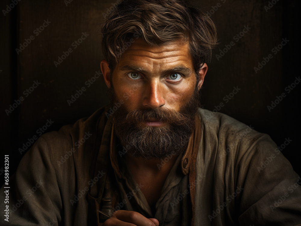 Fototapeta premium man with a French fork beard, soulful eyes and a pensive expression. Shot indoors, softbox lighting