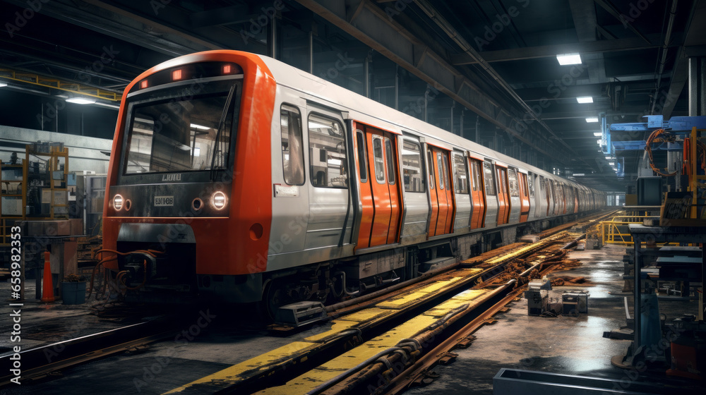 An underground subway maintenance depot, with trains undergoing repairs and maintenance An underground subway maintenance depot, with trains undergoing repairs and maintenance
