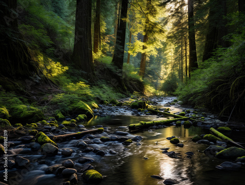 an untouched  lush forest  towering redwoods  thick undergrowth  moss - covered stones  flowing creek  shimmering in the soft light of twilight