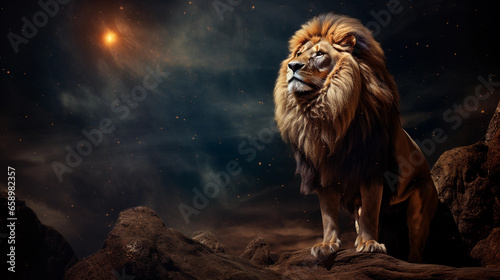 Leo Lion roaring, majestic, golden mane illuminated by starlight, standing on a cosmic plane with planets and galaxies in the background
