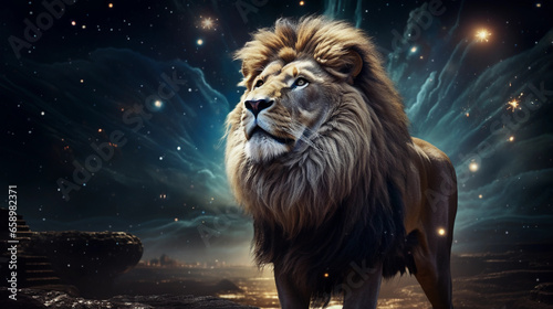 Leo Lion roaring  majestic  golden mane illuminated by starlight  standing on a cosmic plane with planets and galaxies in the background