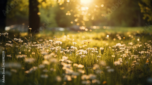 forest clearing during golden hour, buttery bokeh, fields of wildflowers, translucent petals, radiant beams of sunlight, soft focus for dreamy feel